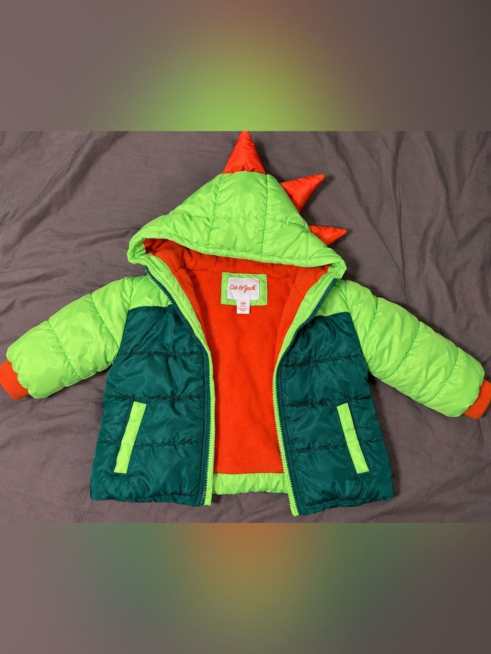 Cat & Jack Dinosaur Puffer Jacket 12M Green Orange Dino Hood Coat